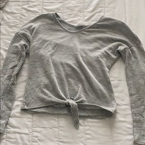 grey and white striped long sleeve with tie